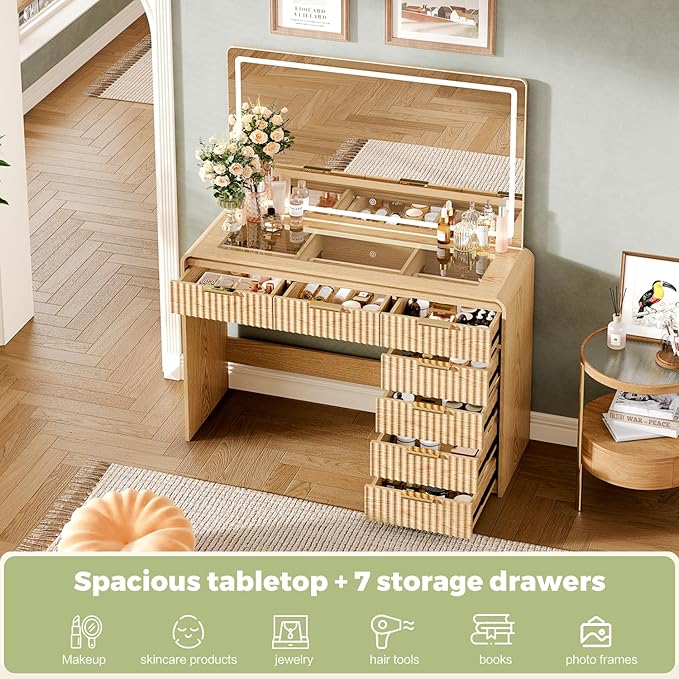 47“Makeup Vanity Desk with 44.8" Mirror and Lights, Vanity Desk with 7 Drawers, Makeup Vanity Table with a Glass Tabletop, 3 Color Modes & Adjustable Brightness Dressing Table, Bedroom,Oak