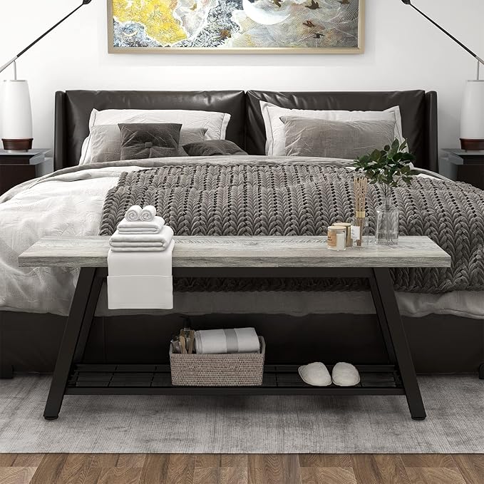 Grey Storage Bench Industrial Rustic Wooden and Metal Entryway Shoe Boots Storage Rack Long Bench Seat for Hallway Bedroom Rustic Farmhouse Style