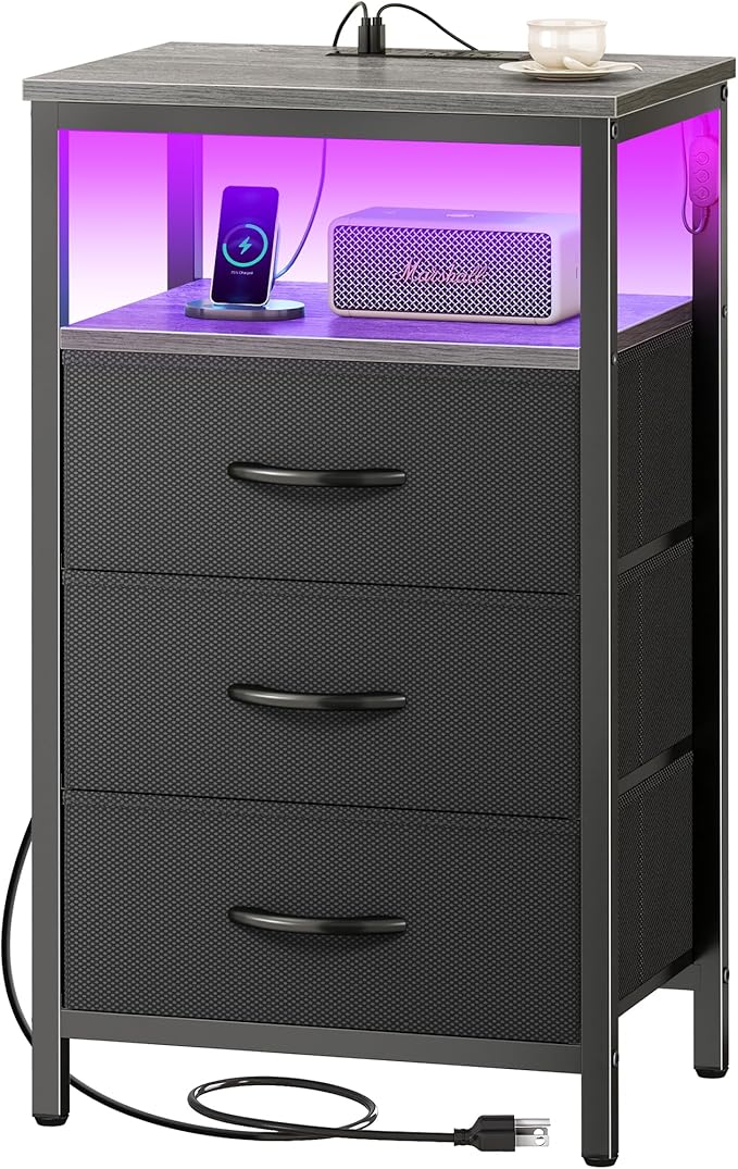 Huuger Night Stand with Charger Station and LED Lights, 3 Drawer Nightstand, Bed Side Table with Open Shelf, End Table, Tall Fabric Dresser for Bedroom, Grey