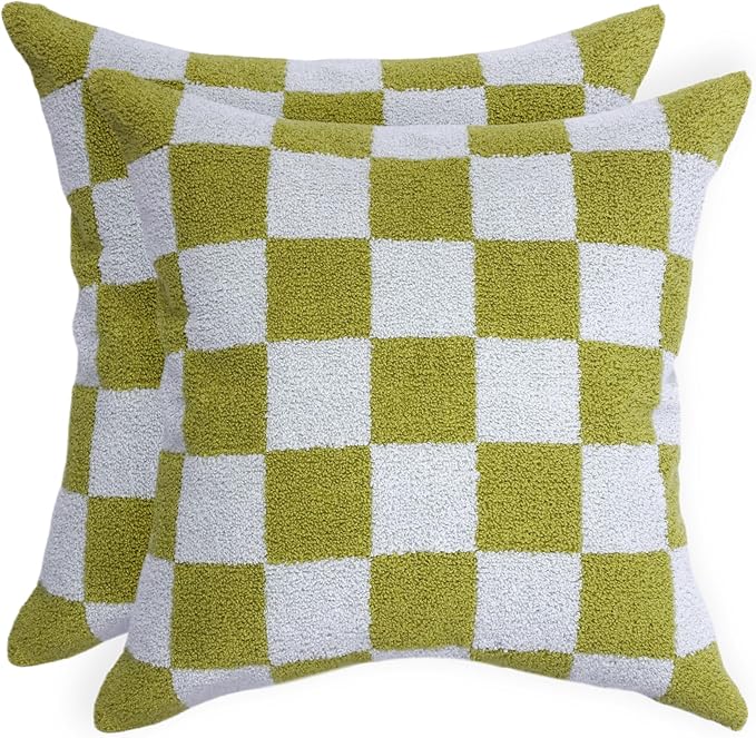 Alysheer Checkered Embroidered Decorative Throw Pillow Covers 18"x 18" Set of 2, Farmhouse Cottage Blue Green Designer Plaid Patterned Cotton Accent Cushion Case for Sofa Couch Bed Living Room