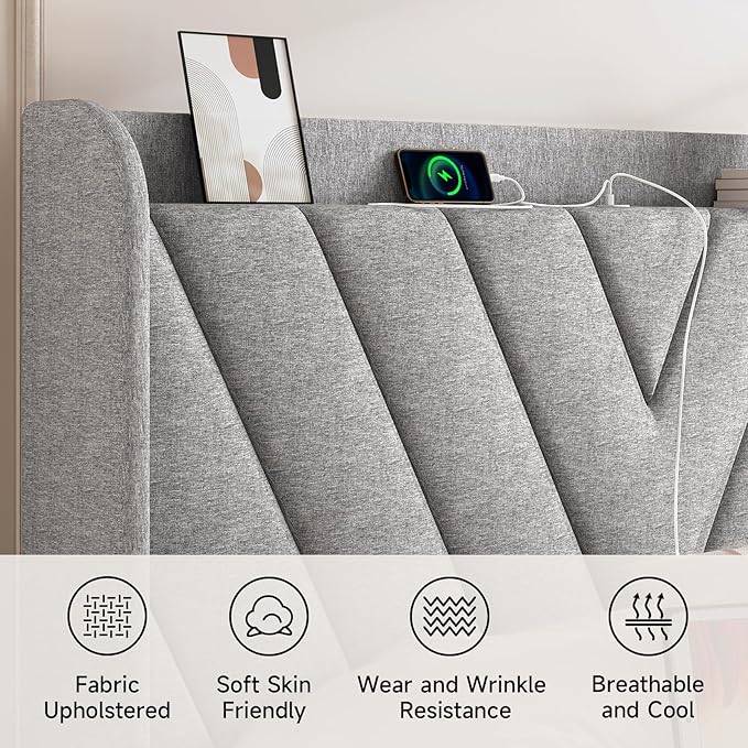koorlian Full Size Bed Frame, Full Bed with Headboard, Adjustable Upholstered Bed Frame with Type-C&USB Port, Wingback Storage Headboard, Noiseless, No Box Spring Needed, Light Gray