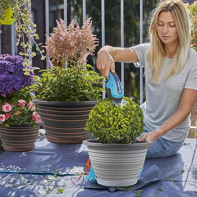 Large-Planter-Indoor-Outdoor Plant Pots, 12 inch 3 Pack Plastic Flower Pots with Saucer and Drainage Holes, Retro Antique Imitation Decorative Garden Containers Sets for Houseplant