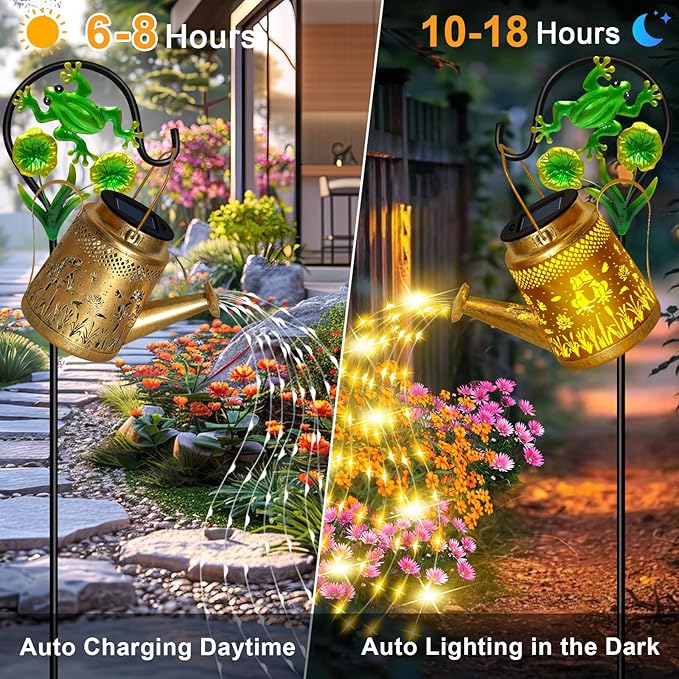 Solar Lanterns Outdoor Garden Decor, Mothers Day Gifts for Women Mom Grandma Birthday, Large Frog Hanging Watering Can with Shepherd Hook, Waterproof Garden Lights for Outdoor Landscape Pathway Yard