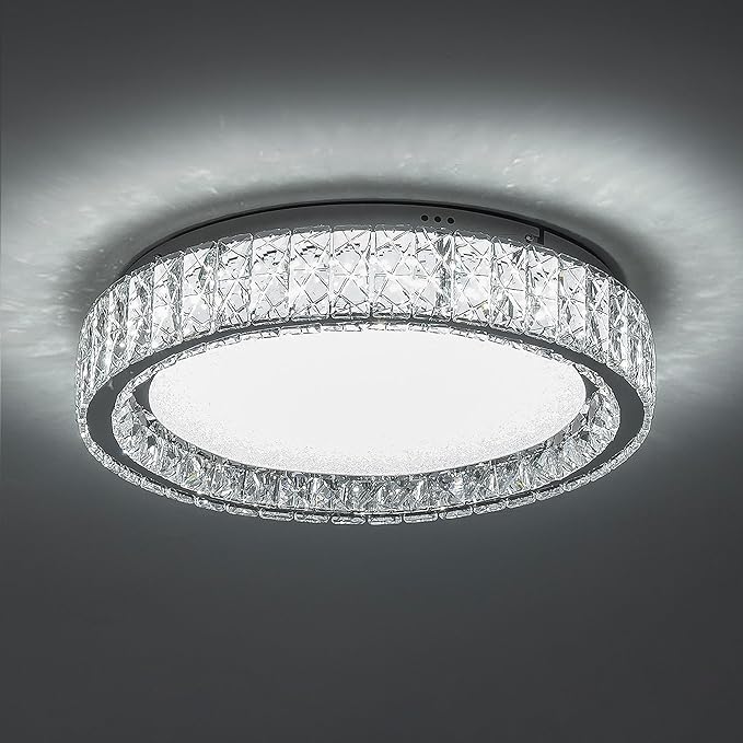 LamQee Crystal Flush Mount Ceiling Light Fixture, Dimmable LED Modern Close to Ceiling Light, Hallway Light Fixtures Round Ceiling Chandelier for Bedroom Kitchen Bathroom Closet Dining Room 17.72 inch