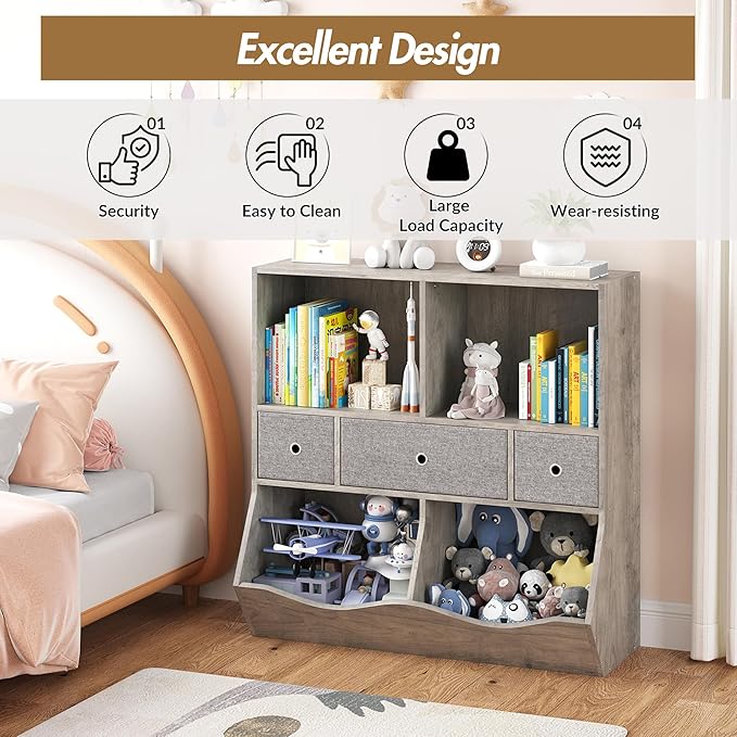 7-Cubby Large Kids Toy Storage Organizer, Children Wood Bookcase and Bookshelf, 3-Tier Toy Storage Cabinet with 3 Drawers for Hallway, Playroom, Living Room, School,Gray