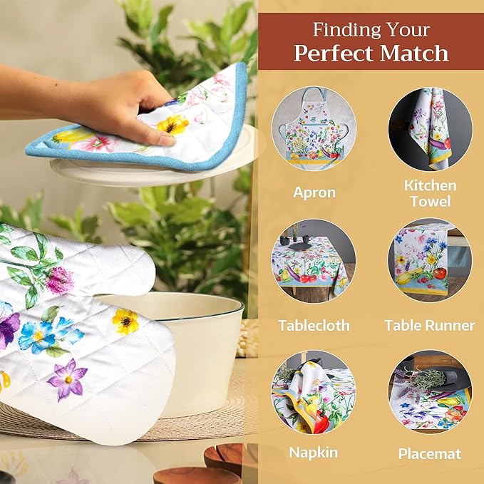 Maison d' Hermine Pot Holders 100% Cotton Heat Resistant Potholders 8" x 8" Hot Pads with Loop BBQ, Cooking, Baking, Grilling, Kitchen, Handling Hot Pans Spring/Summer (Pack of 1, Giverny)