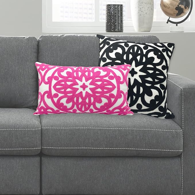Alysheer Embroidered Lumbar Decorative Throw Pillow Covers 12"x 20" Set of 2, Classic Boho Mandala Embroidery Pattern Cotton Rectangular Cushion Case for Sofa Couch Bed Living Room(Bright Hot Pink)