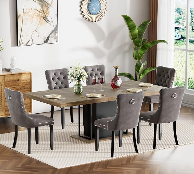 Goujxcy 78.7" Farmhouse Extendable Dining Room Table Set for 6, 7-Piece Rectangle Kitchen Dining Room Table Set with Wood Base and 6 Grey Velvet Dining Chairs, Extending Kitchen & Dining Table Set