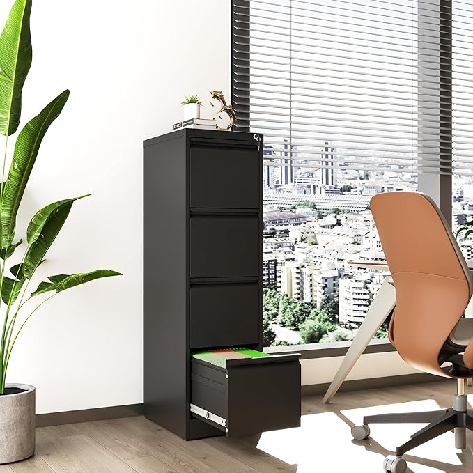 File Cabinet, Vertical File Cabinets with Lock for Home Office,Heavy Duty Office Steel Filing Cabinet for Hanging Letters/Legal/A4, Assembly Required (Black, 4 Drawers)