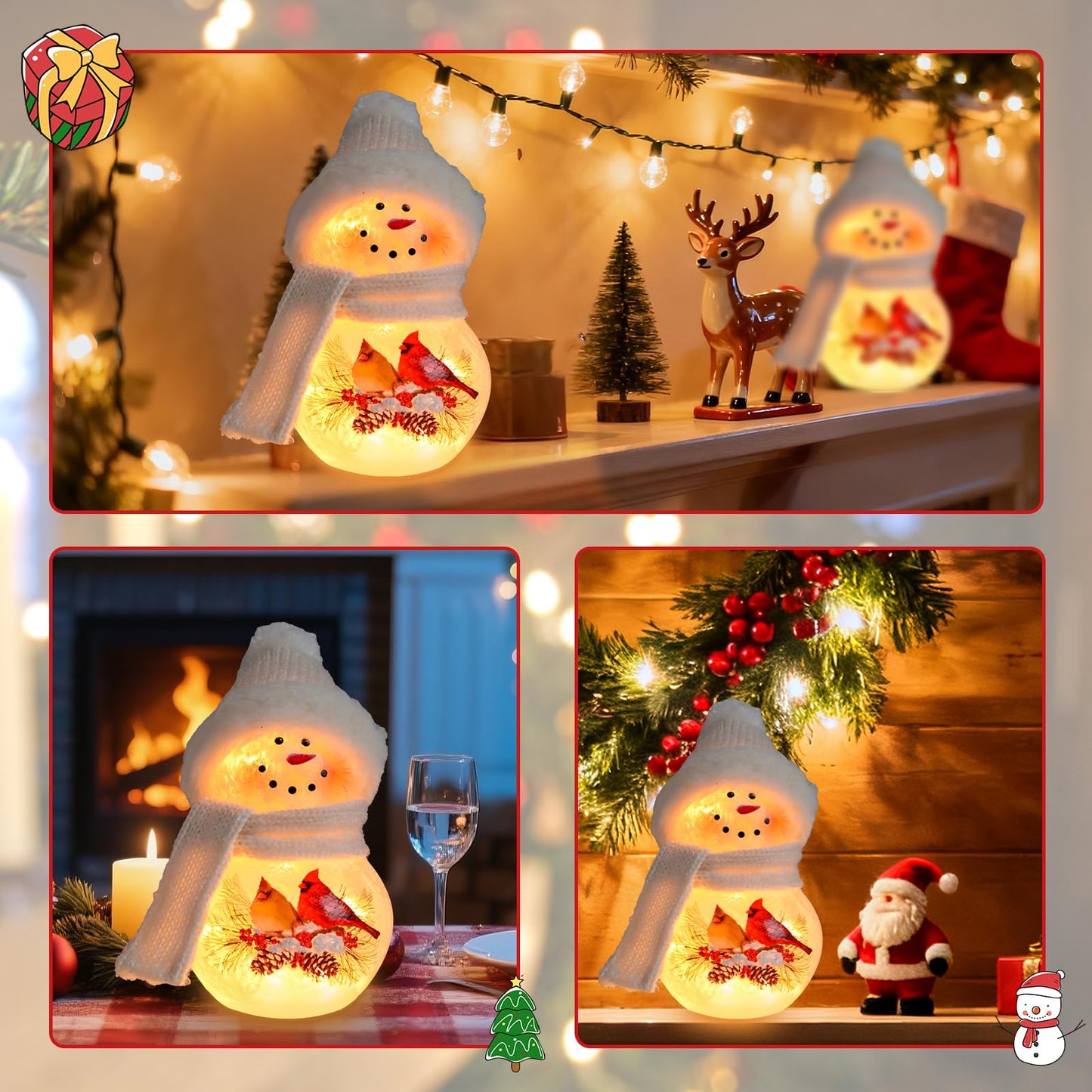 VCUTEKA Crackle Glass Snowman Lamp, Lighted Stained Glass Christmas Decoration with Red Cardinals, White Scarf and Hat, LED Holiday Night Light for Xmas Home Décor or Gift