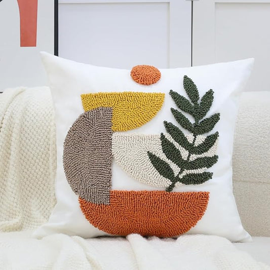 Boho Accent Pillow Covers 18x18- Tufted Abstract Modern Square Throw Pillow Covers, Farmhouse Decorative Pillowcase for Couch, Sofa, Bed, Living Room -Orange Beige Geometric Dark Green Leaf