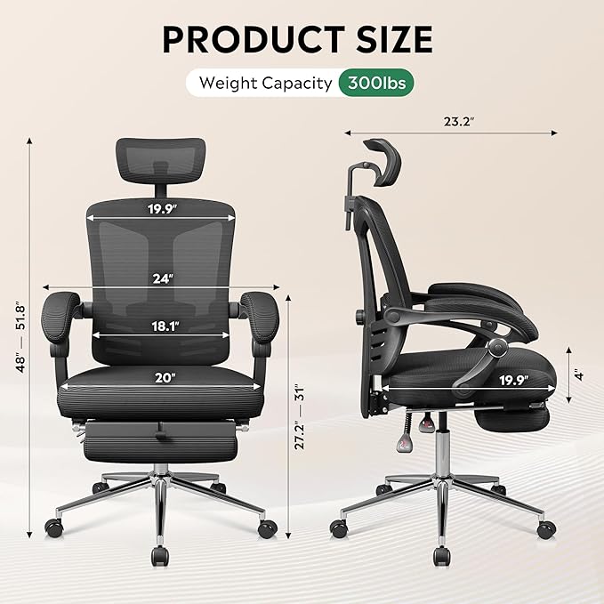DEVAISE Ergonomic Mesh Office Desk Chair with Footrest, Comfrotable Big and Tall Reclining Computer Chair with Adjustable Lumbar Support, Backrest Adjustable, High Back SGS Class 4 Gas Lift, Black