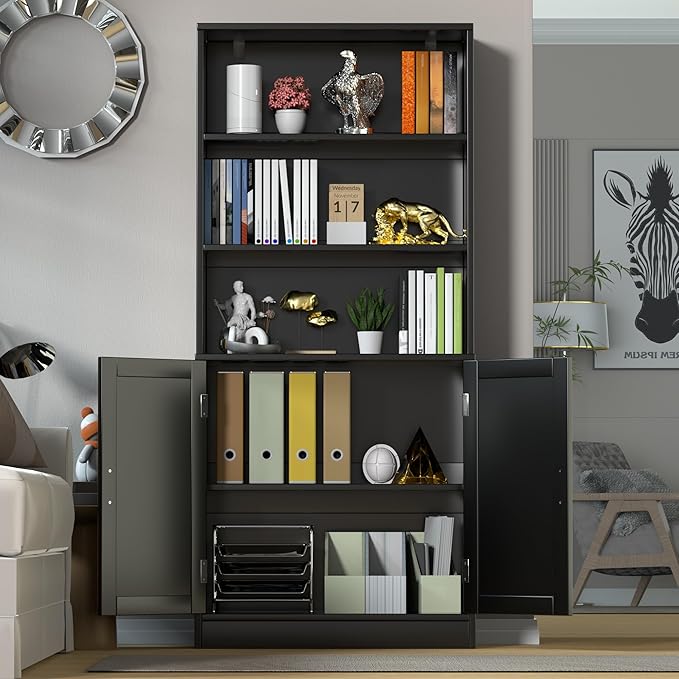 75" Tall Bookcase with Doors, 5 Tier Large Bookshelf with Cabinet, Standing Wood Display Book Shelf for Living Room, Office, Library with Doors, Black