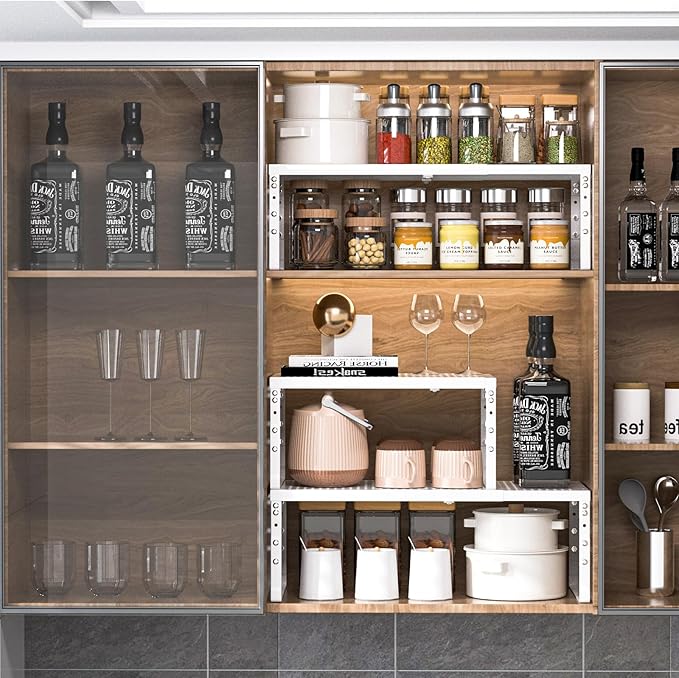 Cabinet Shelf,Expandable Adjustable Stackable Kitchen Organizer,for cabinets, Kitchens, countertops, bathrooms Shelf Organizer(3Packs/White,Large)
