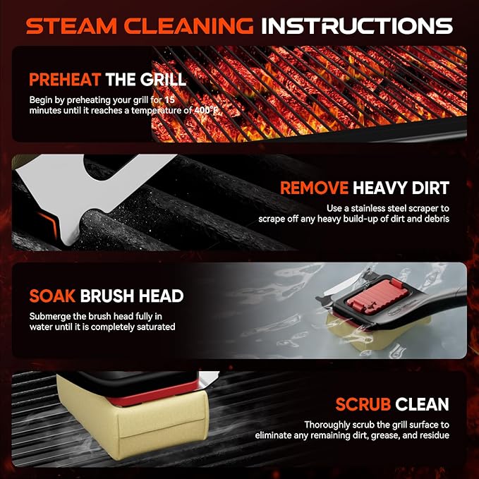 Grill Brush Bristle-Free Steam Cleaning, BBQ Brush Replaceable Heat-Resistant Kevlar Head with Grill Scraper Safe Barbecue Grill Cleaner for All Grill Types (2 Pack Cleaning Head)