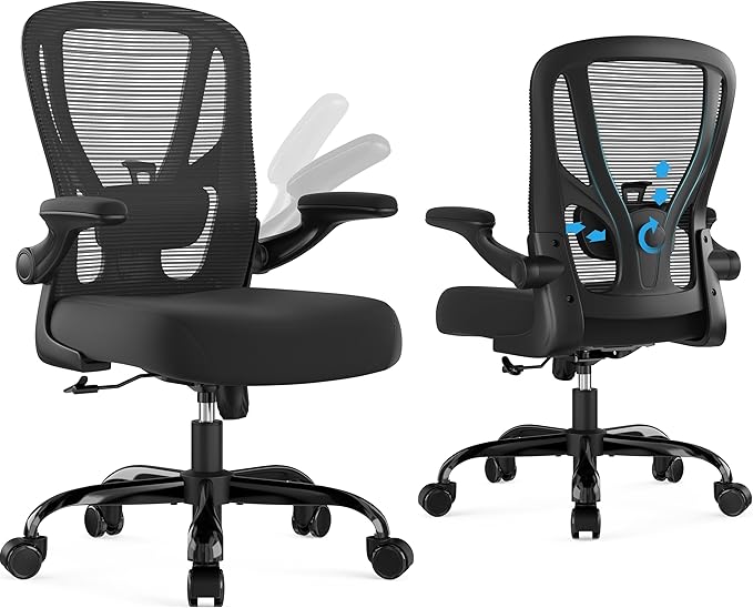 Office Chair Ergonomic Desk Chair - Mesh Computer Chair Breathable Task Chair with Wheels Adjustable Lumbar Support Home Desk Office Chairs with Flip up Armrest Executive Rolling Swivel Black