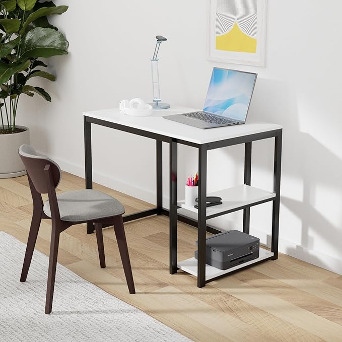 SINPAID Computer Desk 47 inches with 2-Tier Shelves Sturdy Home Office Desk with Large Storage Space Modern Gaming Desk Study Writing Laptop Table, White Desk