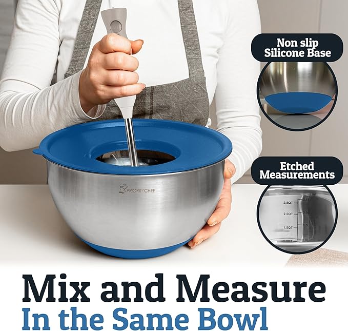 Priority Chef Stainless Steel Mixing Bowls with Lids Set, 3 Grater Attachments, Airtight Lids, Non-Slip Silicone Base Mixing Bowl Set, Large Prep Metal Mixing Bowls for Kitchen, Blue