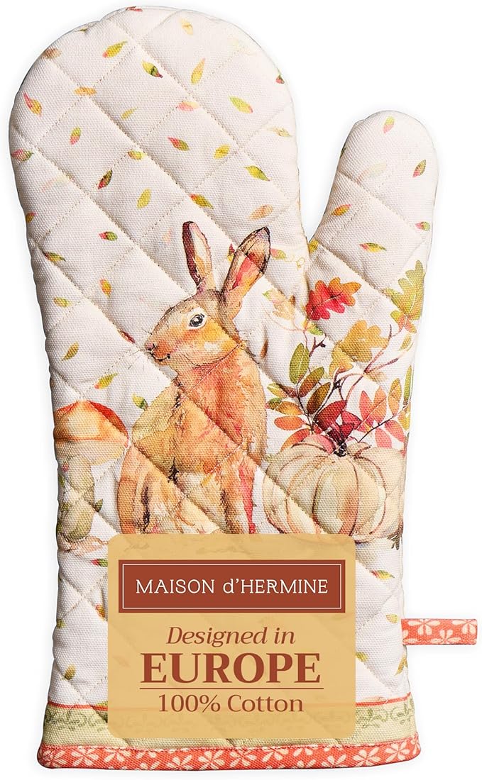 Maison d' Hermine Oven Gloves 100% Cotton Oven Mitt 7" x 13" with Loop Heat Resistant BBQ Cooking Gloves for Thanksgiving Christmas Decorations Baking Handling Hot Pans (Pack of 1, Pumpkin Passion)