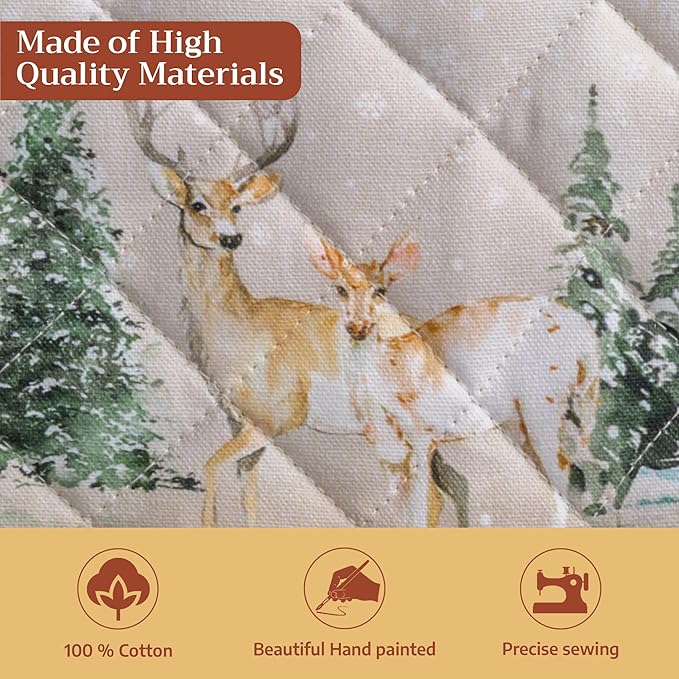 Maison d' Hermine Pot Holders Set 100% Cotton Heat Resistant Potholders 8" x 8" Hot Pads with Loop for Thanksgiving Christmas Decorations BBQ Baking Handling Hot Pans (Pack of 2, Deer in The Woods)