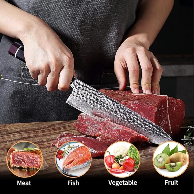 FINDKING Eternity Series Japanese Chef Knife with ABS sheath, Professional Kitchen Knife, 9Cr18MoV Damascus Steel Blade, Resin Octagonal Handle, Sharp, for Meat Cutting, 8 Inches