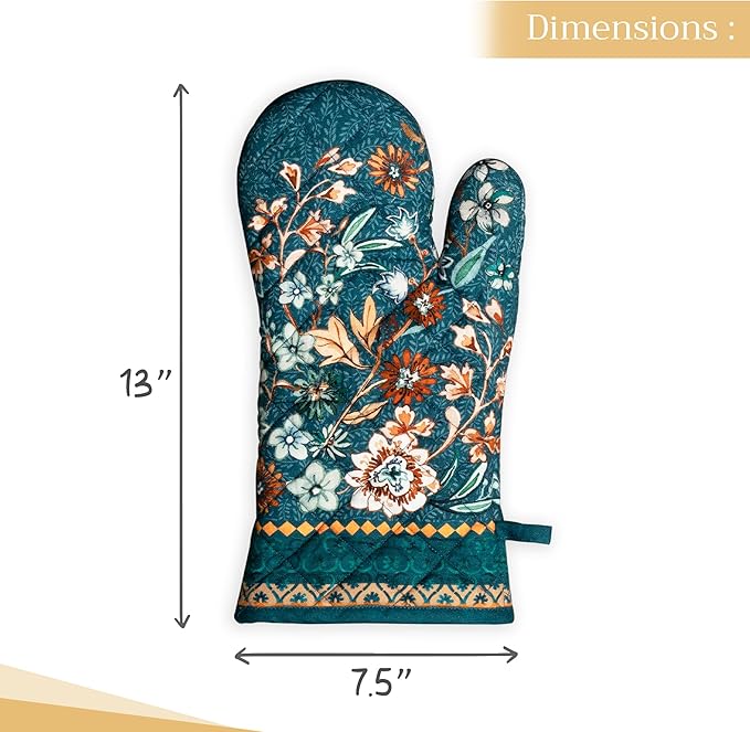 Maison d' Hermine Oven Gloves 100% Cotton Oven Mitt 7" x 13" with Loop Heat Resistant BBQ Cooking Gloves for Thanksgiving Christmas Decorations Handling Hot Pans (Pack of 1, Luxury Loft - Dark Teal)