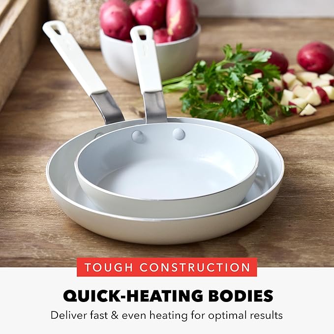 GreenPan x Bobby Flay 2 Piece- 8” and 10” Nonstick Frying Pan Skillet Set, PFAS-Free Diamond Ceramic, Induction Suitable, Stay-Cool Silicone Handle, Easy Clean Dishwasher & Oven Safe, Cream