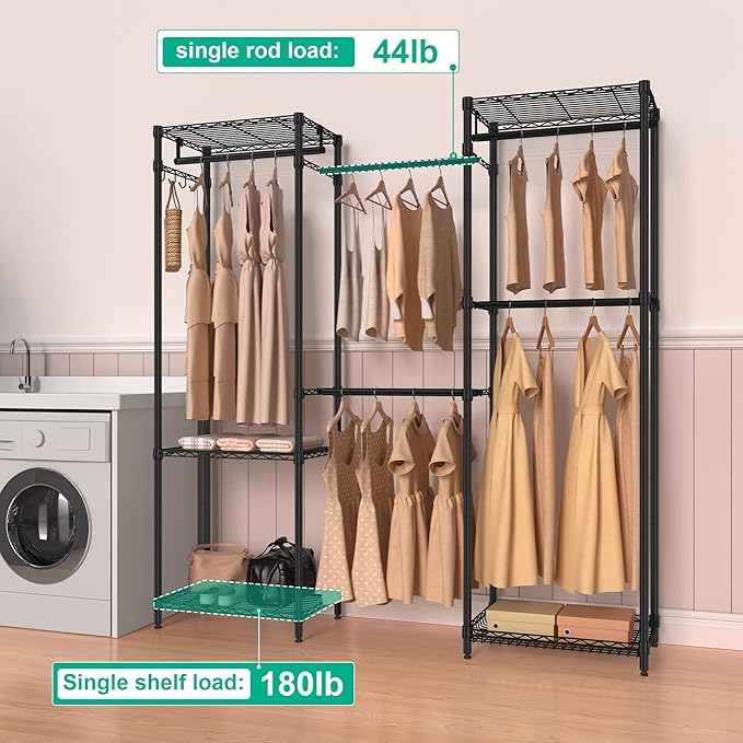 Freestanding Closet System, Large Free Standing Closet Rack Organizer for Hanging Clothes Adjustable Metal Wire Clothing Rack with 5 Shelves & 5 Rods, Black