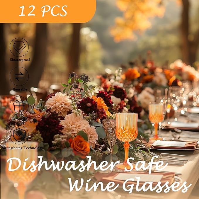 Plastic Wine Glasses，Plastic Goblets Vintage Style Cordial Drinking Glasses for Wedding Reception, Grand Event Party Supplies (12, Pumpkin orange)