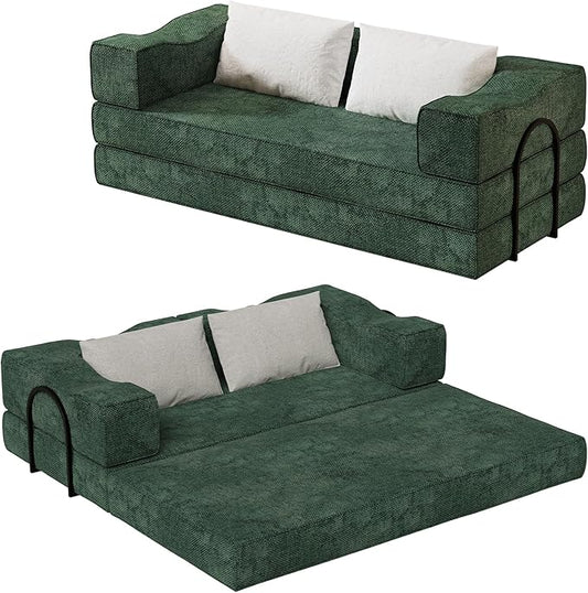 Rovibek 80-Inch 4-in-1 Boneless Sofa Bed – Corduroy Convertible Loveseat Sleeper, Fixed-Shape Frame, No Assembly Required, Space-Saving Pull-Out Futon for Living Room & Bedroom, Green