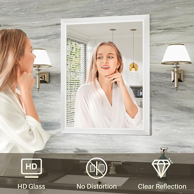 36x32 Inch White Bathroom Mirror for Wall, Thick Metal Framed Rectangle Mirrors for Over Sink, Bedroom, Living Room, Entryway, Anti-Rust, HD Tempered Glass