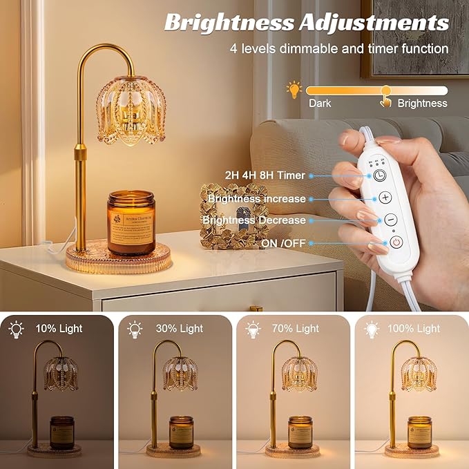 Petal Candle Warmer Lamp with Timer & Dimmable Light Champagne Gold - Adjustable Height Jar Melter on Crystal Glass Base, Home Decor Gift Set (Includes 2 Bulbs)