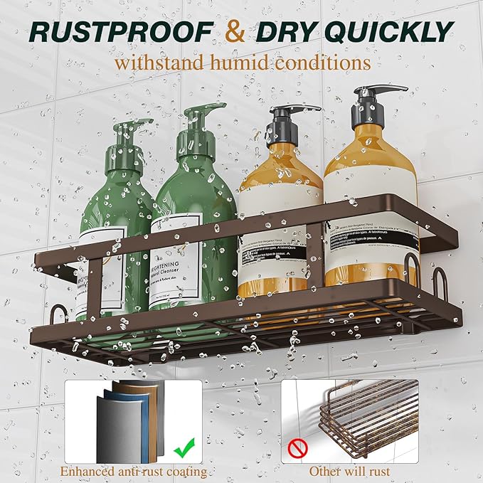 Adhesive Shower Caddy,Shower Shelves with Soap Holder and 12 Hooks,Rustproof No Drilling Bathroom Organizer and Storage,Bronze,3 Pack