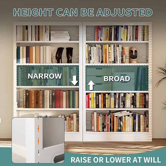 71" Metal Book Shelf,5 Tier Bookshelf with Adjustable Shelves,White Bookshleves and Bookcases,Heavy Duty Library Book Case,Modern Open Bookshelf for Living Room,Bedroom,Office (White)