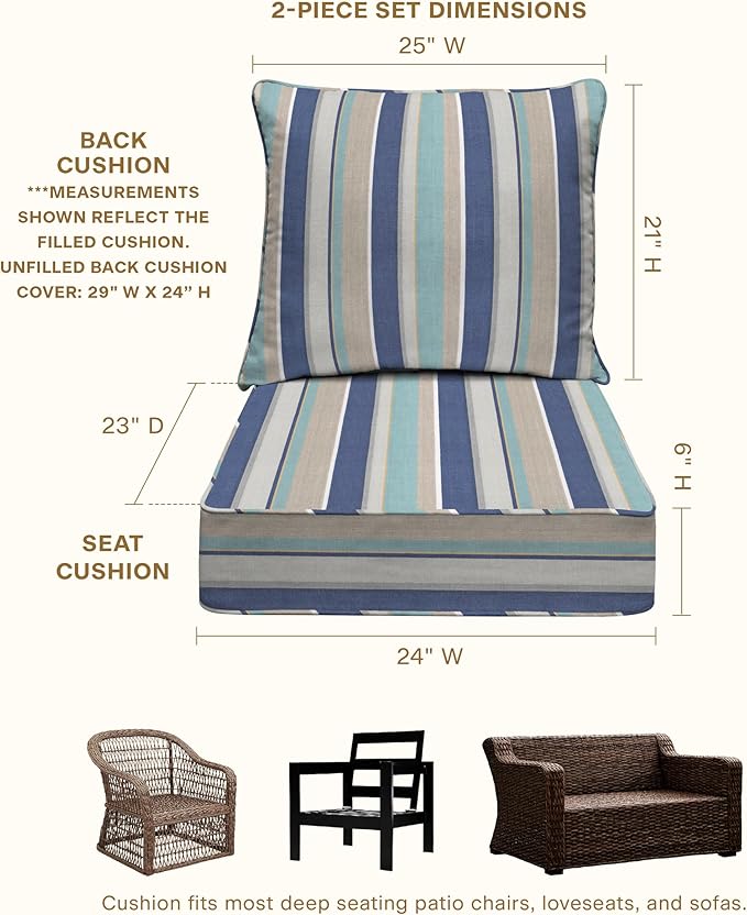 Honeycomb Outdoor Deep Seat, 24 x 23, Stripe Blue & Beige Chair Cushion for Patio Furniture