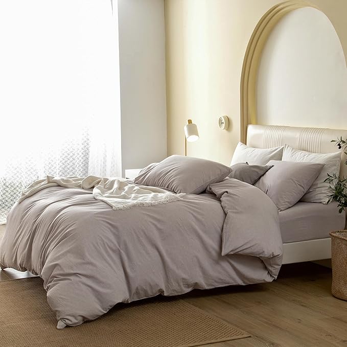 JIYUAN 100% Washed Cotton Duvet Cover Set 2 Pieces Twin, 1 Duvet Cover 68x90 Inches(Comforter Not Included) and 1 Pillowcases,Linen Feel Bedding Set Comfy and Breathable, Heathered Linen