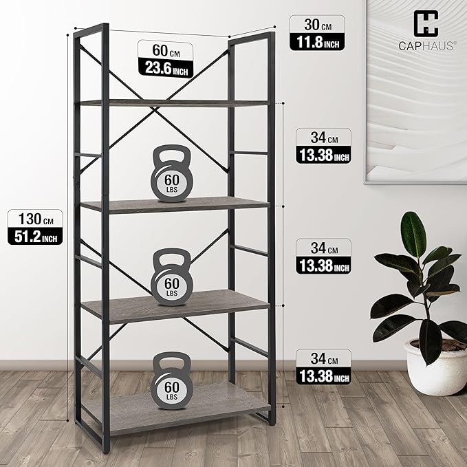 CAPHAUS 4 Tier Bookshelf, 24 Inch Width Free Standing Shelf, Bookcase Shelf Storage Organizer, Industrial Book Shelves for Home Office, Living Room, Kitchen, Dark Grey Vintage Shelves & Metal Frame