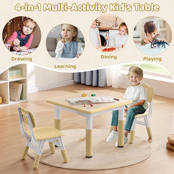 Adjustable Kids Table Chairs Set – Graffiti Desktop, Multi-Activity Height-Adjustable Toddler Study Desk for Ages 3-8 – Ideal for Home, Classroom, Daycare (W-Brown, 2 Chairs-23.6" L x 23.6" W)