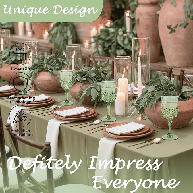 Plastic Wine Glasses，Plastic Goblets Vintage Style Cordial Drinking Glasses for Wedding Reception, Grand Event Party Supplies (12, New Green)