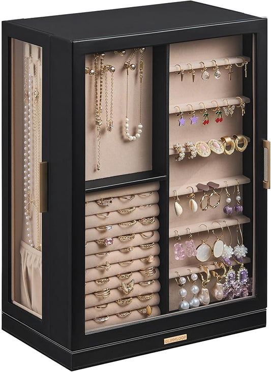 360° Rotating Jewelry Box with 9 Drawers, Spacious Vertical Jewelry Organizer with Glass Window, Jewelry Storage Case, Dustproof & Moisture-resistant Design, Black