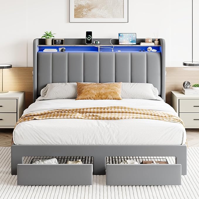SHA CERLIN Velvet Queen Bed Frame with Vertical Channel Tufted Wingback Headboard & 2 Storage Drawers/2-Tier Shelves with LED Lights & Charging Station/Noise-Free/No Box Spring Needed/Light Grey