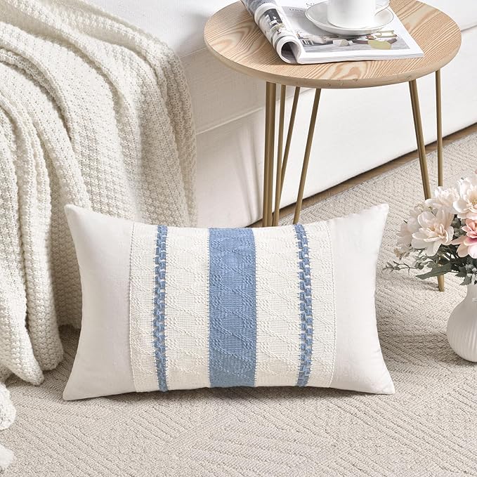 Fancy Homi Set of 2 Boho Light Blue Lumbar Decorative Throw Pillow Cover 12x20 Inch for Couch Bed Sofa Chair, Modern Organic Farmhouse Home Decor, Soft Cotton Cute Accent Rectangle Cushion Case