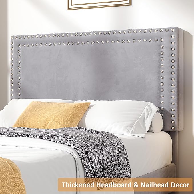 VECELO Twin Size Platform Bed Frame with Adjustable Upholstered Headboard, Strong Wood Slat Support, No Box Spring Needed, Easy Assembly