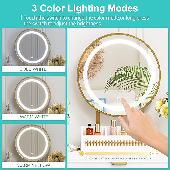 Spirich Makeup Vanity Desk with Mirror and Lights, Rattan White Vanity with Drawers, 3 Lighting Modes Small Vanity Dressing Table for Bedroom