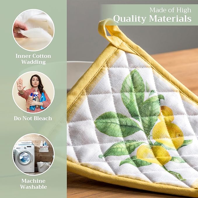 Maison d' Hermine Pot Holders Set 100% Cotton Heat Resistant Potholders 8" x 8" Hot Pads with Loop BBQ, Cooking, Baking, Grilling, Kitchen, Handling Hot Pans Spring/Summer (Pack of 2, Limoncello)