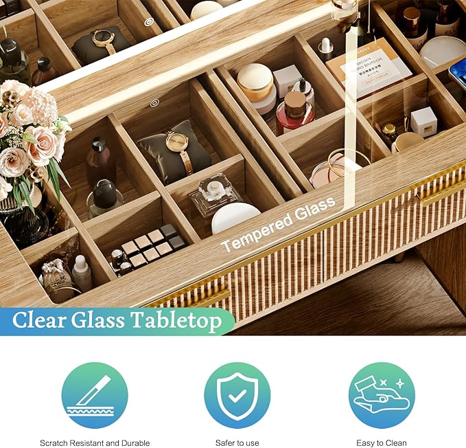 Vanity Desk with 29.53" HD Lighted Mirror, 47.24" Big Modern Vanity Desk with Mirror and Lights, Makeup Vanity with 5 Drawers and Storage Shelves and Charging Station, Oak