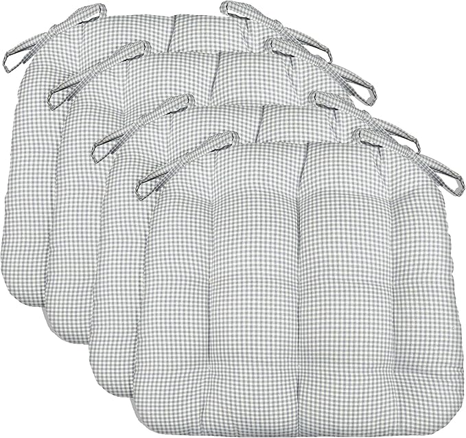 Barnett Home Decor Dining Chair Cushions with Ties, 16.5 x 18, Pack of 4 – Madrid Grey Gingham Check – 100% Cotton, Latex Foam Fill, Made in USA