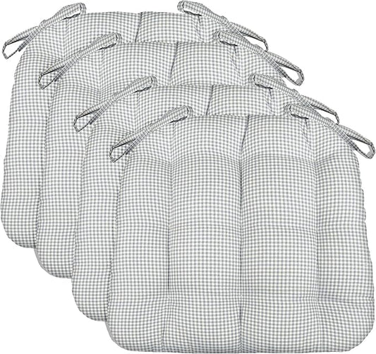 Barnett Home Decor Dining Chair Cushions with Ties, 16.5 x 18, Pack of 4 – Madrid Grey Gingham Check – 100% Cotton, Latex Foam Fill, Made in USA