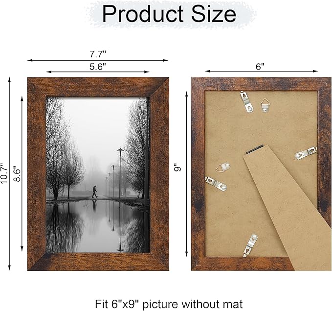 6x9 Picture Frame Set of 4, High Definition Real Glass Rustic Frame, 6 x 9 Photo Frames for Tabletop Display and Wall Mounting