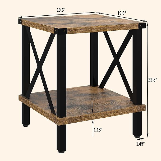 Large End Table Farmhouse Side Table Industrial Style Sofa Table Coffee Table Metal X Accent Wood End Table NightStand with Storage Shelf for Living Room Bedroom MLBZ16R